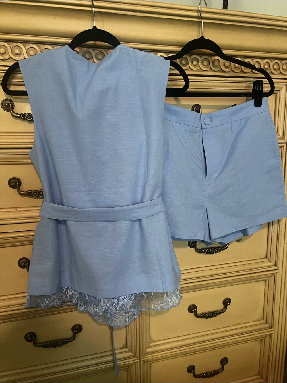 Commense Cotton Linen Blue Lace Belted Vest & Shorts Set M - Picture 12 of 17